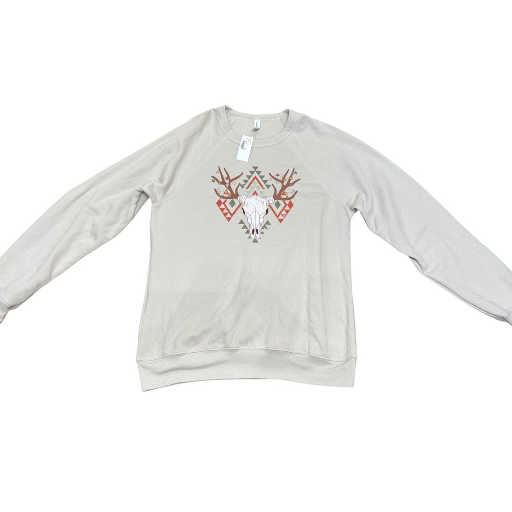 Western Holiday Graphic Sweatshirt Long Sleeve Bull Skull Beige L Christmas‎